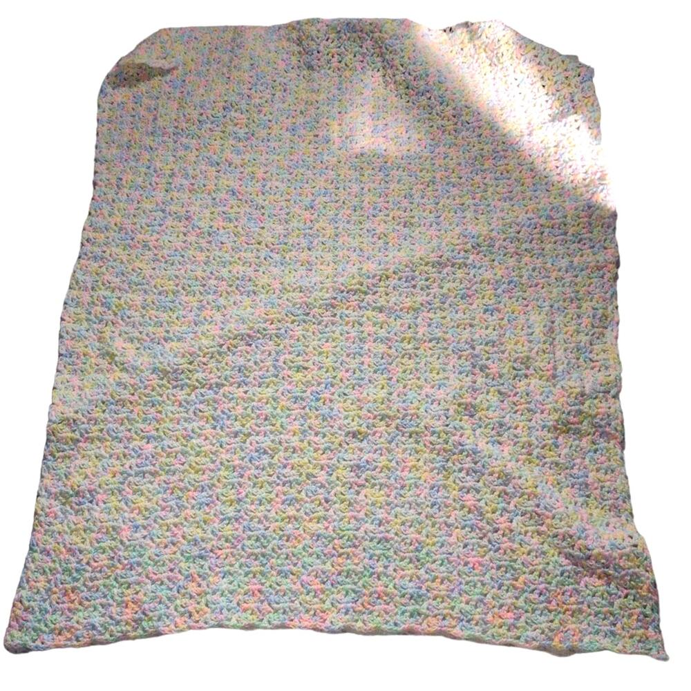 handmade baby knitted blanket blue pink yellow white `40in x 31in